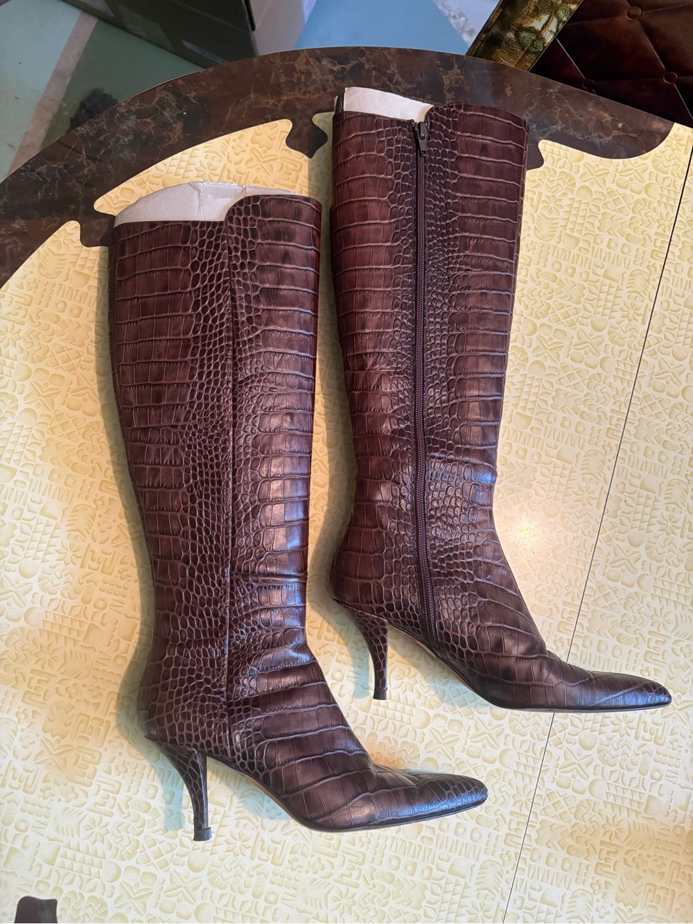 Vintage Women's Brown Croc-Embossed Leather Knee Boots